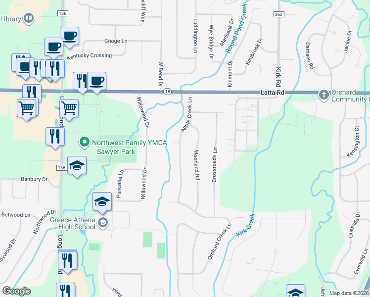 map of restaurants, bars, coffee shops, grocery stores, and more near 135 Apple Creek Lane in Rochester