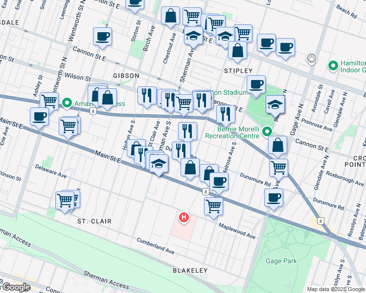 map of restaurants, bars, coffee shops, grocery stores, and more near 52 Fairholt Road South in Hamilton