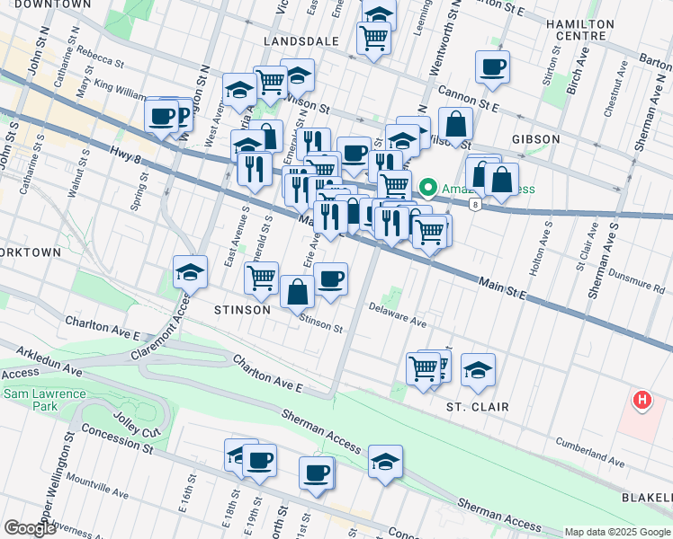 map of restaurants, bars, coffee shops, grocery stores, and more near in Hamilton
