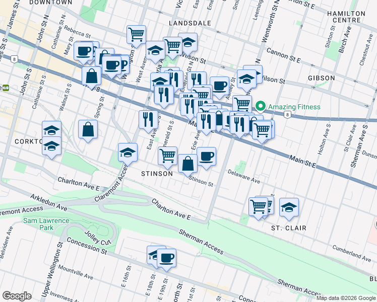 map of restaurants, bars, coffee shops, grocery stores, and more near 73 Tisdale Street South in Hamilton
