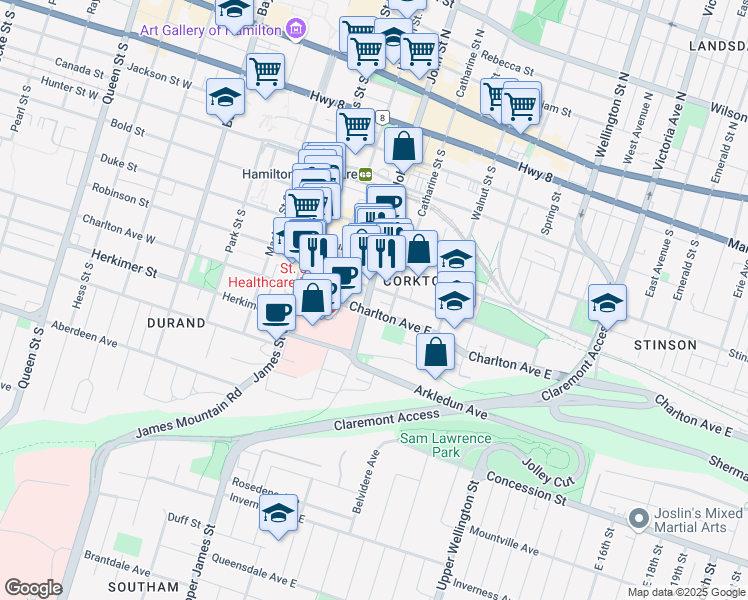 map of restaurants, bars, coffee shops, grocery stores, and more near 80 Forest Avenue in Hamilton