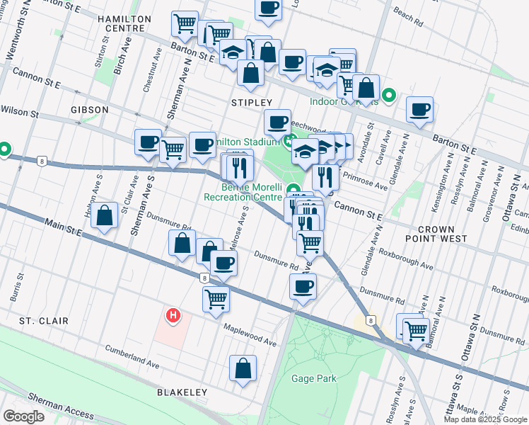 map of restaurants, bars, coffee shops, grocery stores, and more near 1 Prospect Street South in Hamilton