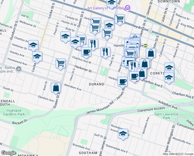 map of restaurants, bars, coffee shops, grocery stores, and more near 287 Bay Street South in Hamilton