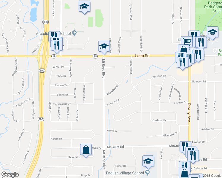 map of restaurants, bars, coffee shops, grocery stores, and more near 126 Whelehan Drive in Rochester