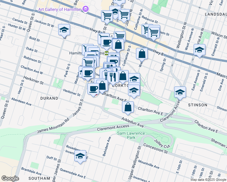 map of restaurants, bars, coffee shops, grocery stores, and more near 192 Catharine Street South in Hamilton