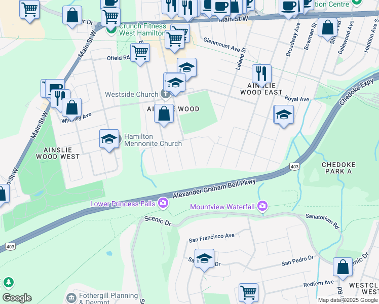 map of restaurants, bars, coffee shops, grocery stores, and more near 186 Rifle Range Road in Hamilton