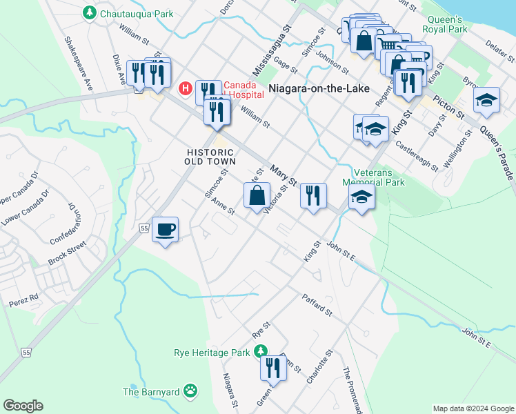 map of restaurants, bars, coffee shops, grocery stores, and more near 12 George Manor in Niagara-on-the-Lake