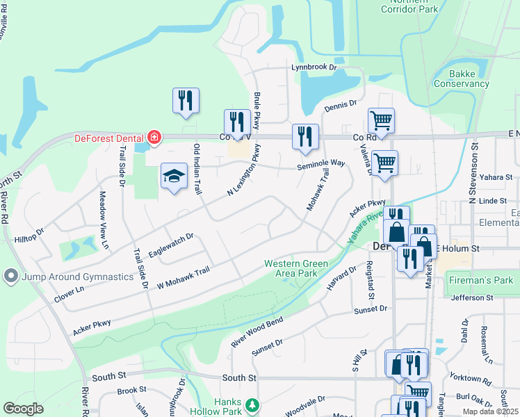 map of restaurants, bars, coffee shops, grocery stores, and more near 409 Old Indian Trail in DeForest