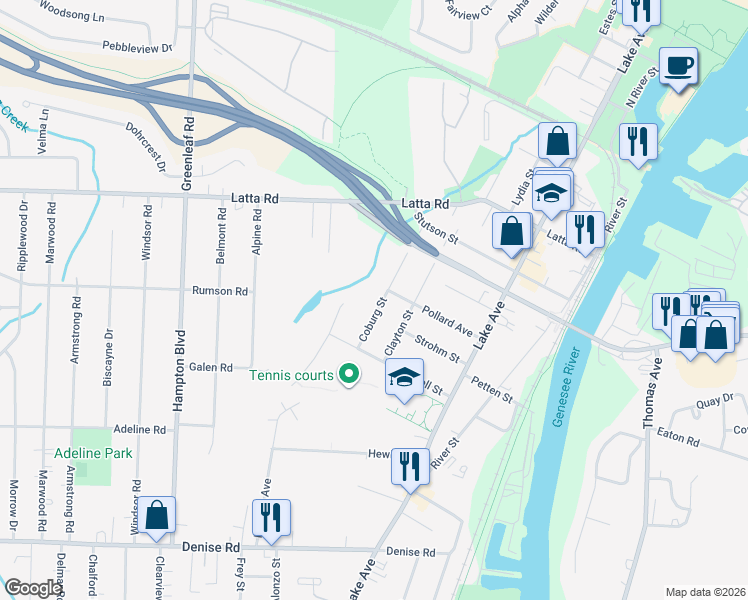 map of restaurants, bars, coffee shops, grocery stores, and more near 79 Coburg Street in Rochester