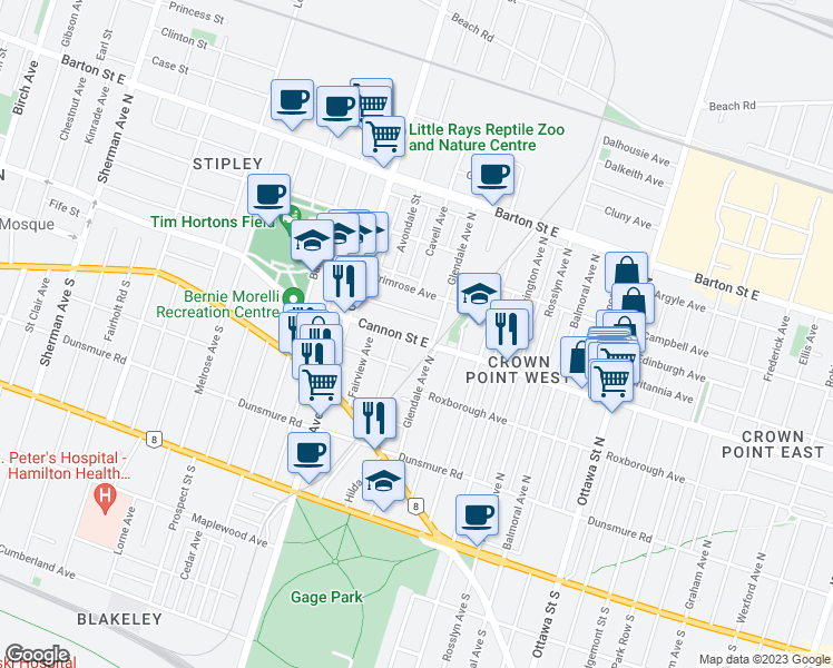 map of restaurants, bars, coffee shops, grocery stores, and more near 1045 Cannon Street East in Hamilton