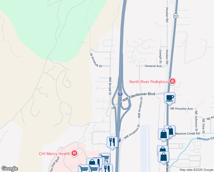 map of restaurants, bars, coffee shops, grocery stores, and more near 121 Mercy Hills Drive in Roseburg
