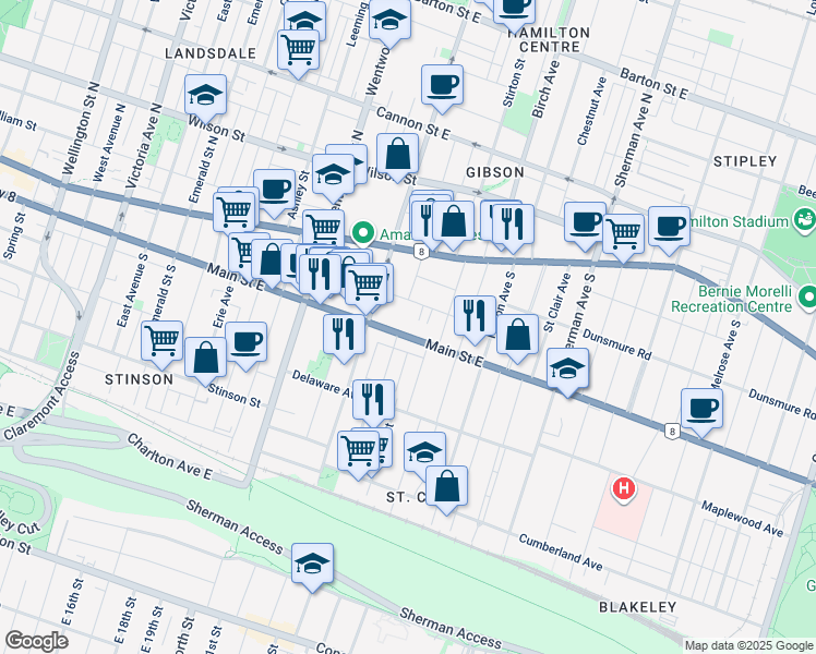 map of restaurants, bars, coffee shops, grocery stores, and more near 627 Main Street East in Hamilton