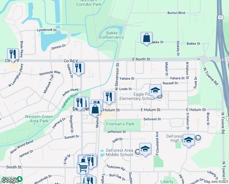 map of restaurants, bars, coffee shops, grocery stores, and more near 216 North Stevenson Street in DeForest