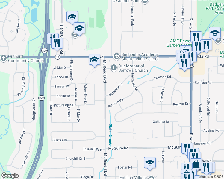 map of restaurants, bars, coffee shops, grocery stores, and more near 126 Whelehan Drive in Rochester