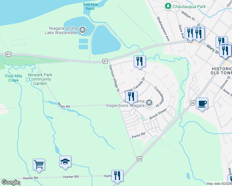 map of restaurants, bars, coffee shops, grocery stores, and more near 21 Garrison Village Drive in Niagara-on-the-Lake