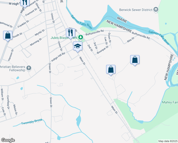 map of restaurants, bars, coffee shops, grocery stores, and more near 350 Main Street in Somersworth
