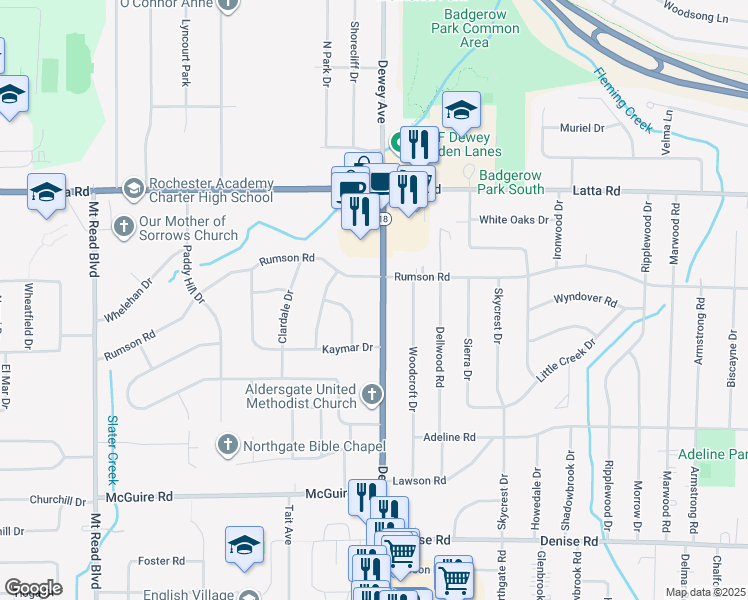map of restaurants, bars, coffee shops, grocery stores, and more near 4271 Dewey Avenue in Rochester