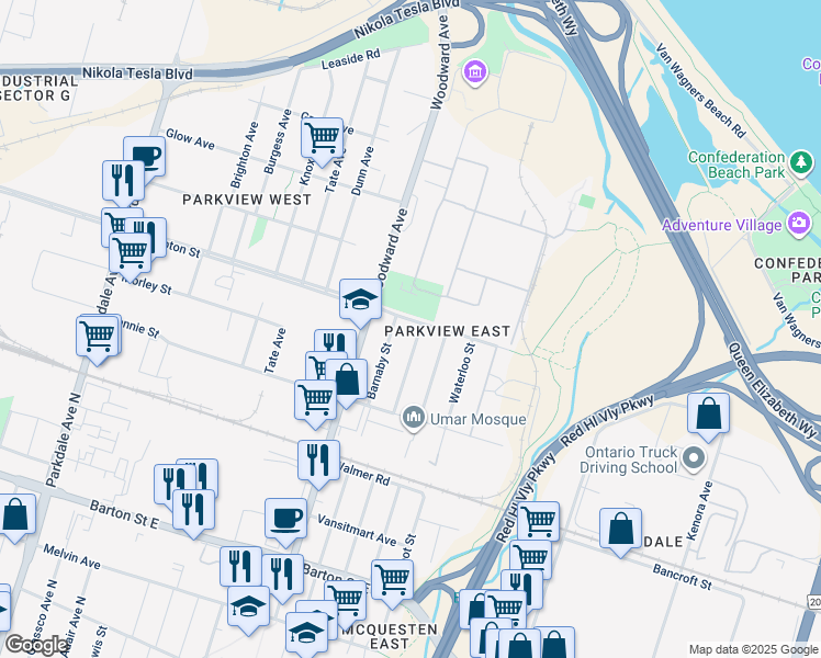 map of restaurants, bars, coffee shops, grocery stores, and more near 602 Barnaby Street in Hamilton