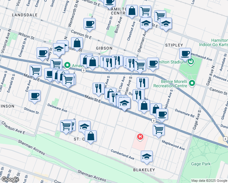map of restaurants, bars, coffee shops, grocery stores, and more near 62 Saint Clair Avenue in Hamilton