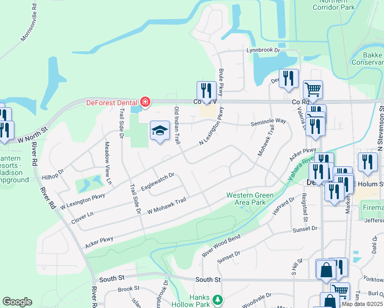 map of restaurants, bars, coffee shops, grocery stores, and more near 303 North Lexington Parkway in DeForest