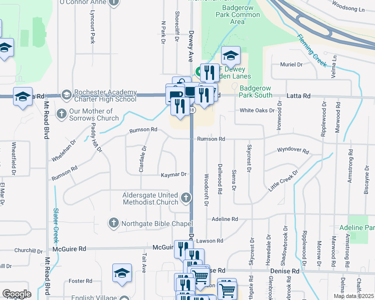 map of restaurants, bars, coffee shops, grocery stores, and more near 4271 Dewey Avenue in Rochester