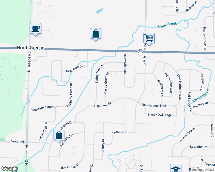 map of restaurants, bars, coffee shops, grocery stores, and more near 127 Castle Grove Dr in Rochester