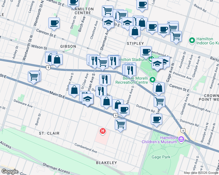map of restaurants, bars, coffee shops, grocery stores, and more near in Hamilton