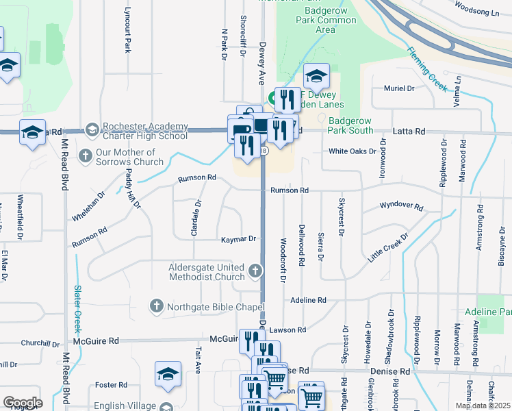 map of restaurants, bars, coffee shops, grocery stores, and more near 4271 Dewey Ave in Rochester