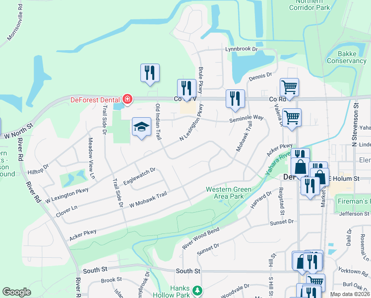 map of restaurants, bars, coffee shops, grocery stores, and more near 424 Old Indian Trail in DeForest