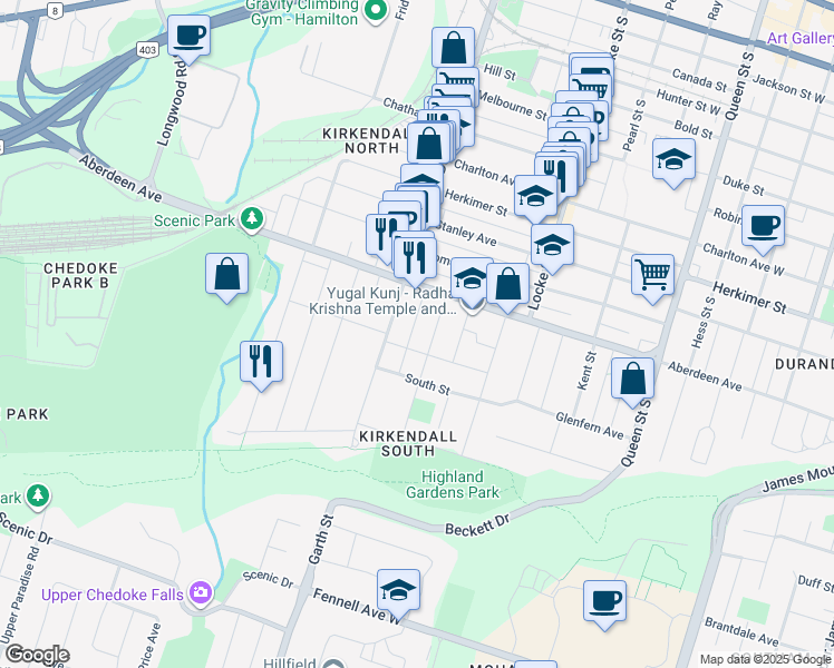 map of restaurants, bars, coffee shops, grocery stores, and more near 19 Mount Royal Avenue in Hamilton