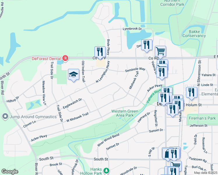 map of restaurants, bars, coffee shops, grocery stores, and more near 409 Old Indian Trail in DeForest