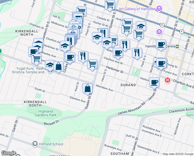map of restaurants, bars, coffee shops, grocery stores, and more near 319 Queen Street South in Hamilton