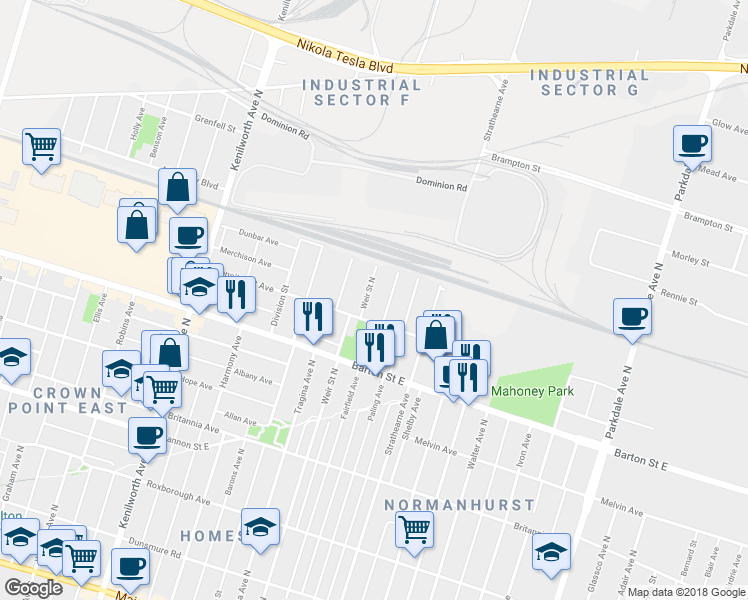 map of restaurants, bars, coffee shops, grocery stores, and more near 352 Weir Street North in Hamilton