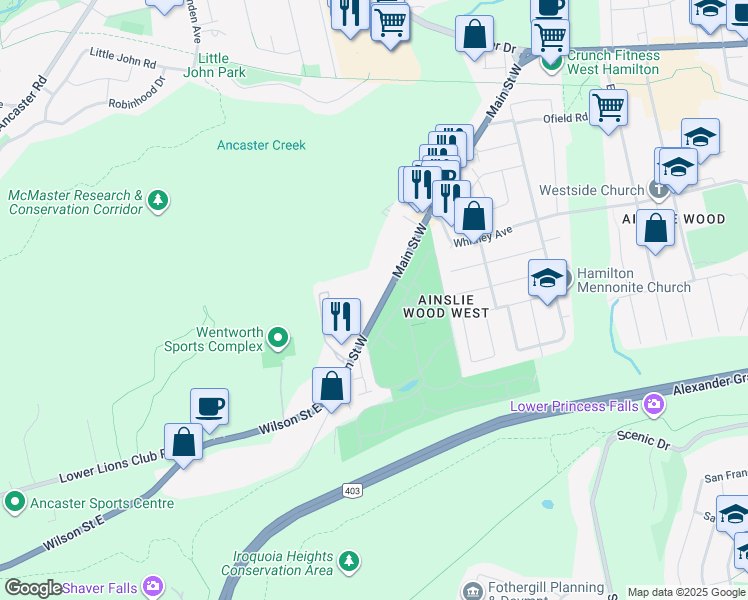 map of restaurants, bars, coffee shops, grocery stores, and more near 1928 Main Street West in Hamilton