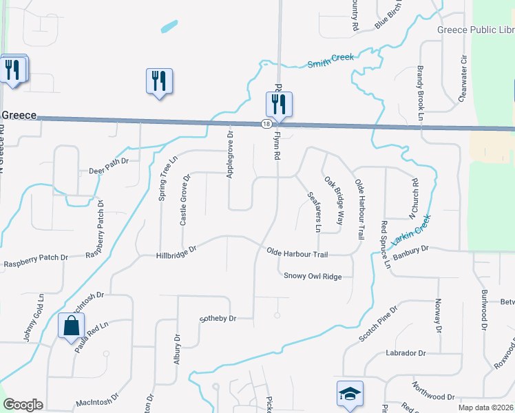 map of restaurants, bars, coffee shops, grocery stores, and more near 193 Applegrove Drive in Rochester