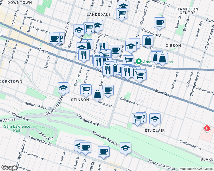 map of restaurants, bars, coffee shops, grocery stores, and more near 42 Ontario Avenue in Hamilton