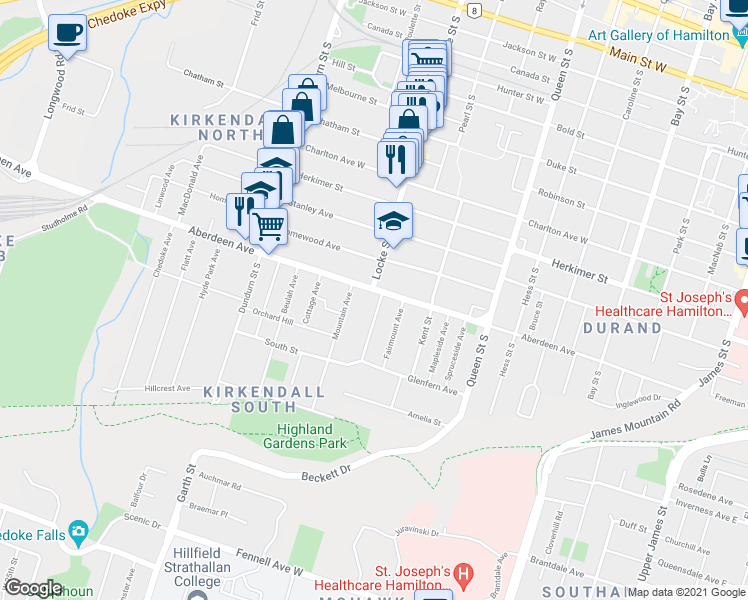 map of restaurants, bars, coffee shops, grocery stores, and more near 4 Undermount Avenue in Hamilton
