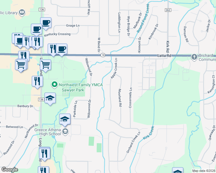map of restaurants, bars, coffee shops, grocery stores, and more near 135 Apple Creek Lane in Rochester