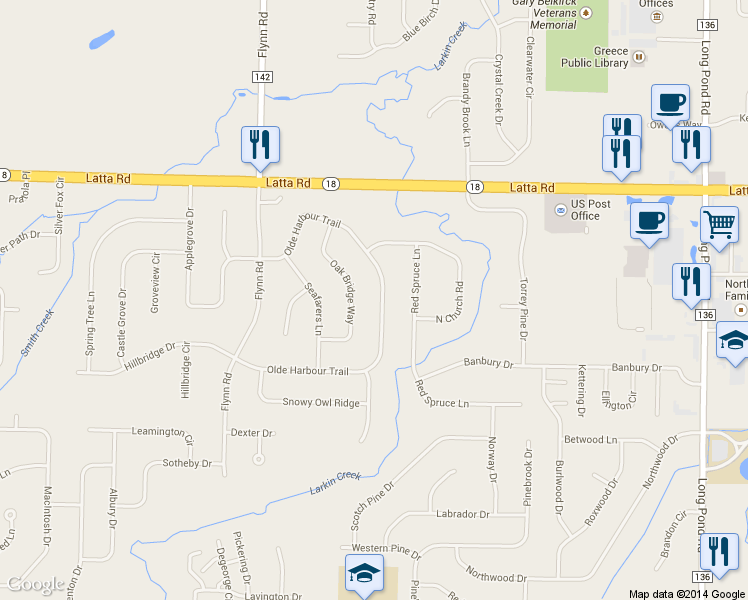 map of restaurants, bars, coffee shops, grocery stores, and more near 233 Olde Harbour Trail in Rochester