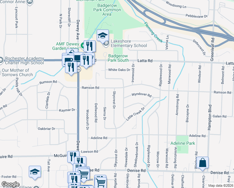 map of restaurants, bars, coffee shops, grocery stores, and more near 188 Skycrest Dr in Rochester