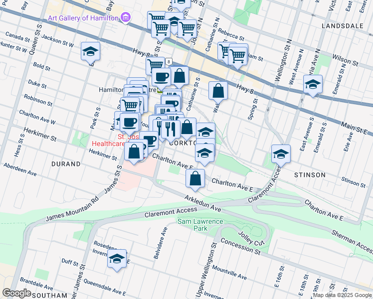 map of restaurants, bars, coffee shops, grocery stores, and more near 100 Forest Avenue in Hamilton