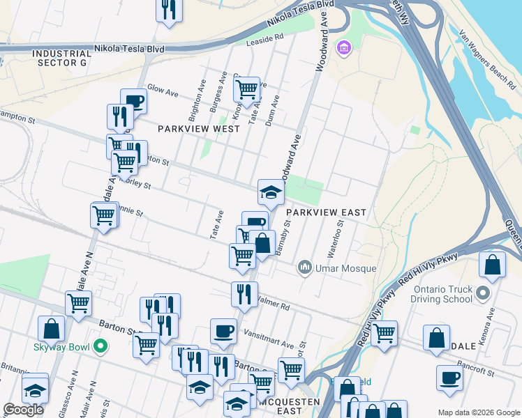 map of restaurants, bars, coffee shops, grocery stores, and more near 575 Woodward Avenue in Hamilton