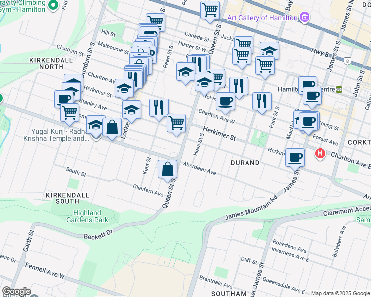 map of restaurants, bars, coffee shops, grocery stores, and more near 317 Queen Street South in Hamilton
