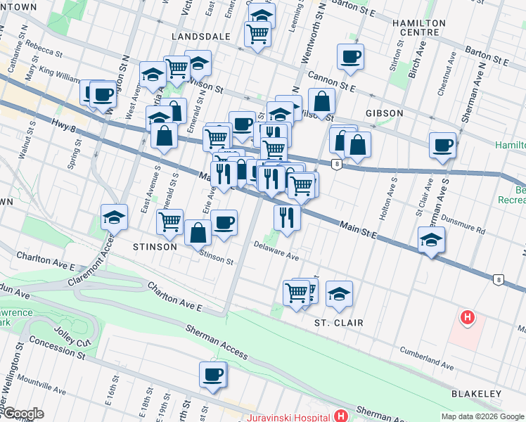 map of restaurants, bars, coffee shops, grocery stores, and more near 71 Wentworth Street South in Hamilton