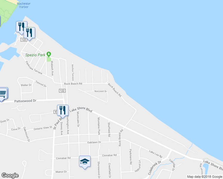 map of restaurants, bars, coffee shops, grocery stores, and more near 389 Rock Beach Rd in Rochester