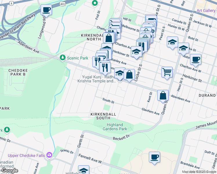 map of restaurants, bars, coffee shops, grocery stores, and more near 16 Beulah Avenue in Hamilton
