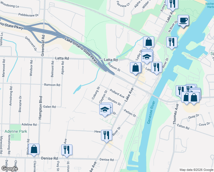 map of restaurants, bars, coffee shops, grocery stores, and more near 120 Pollard Avenue in Rochester
