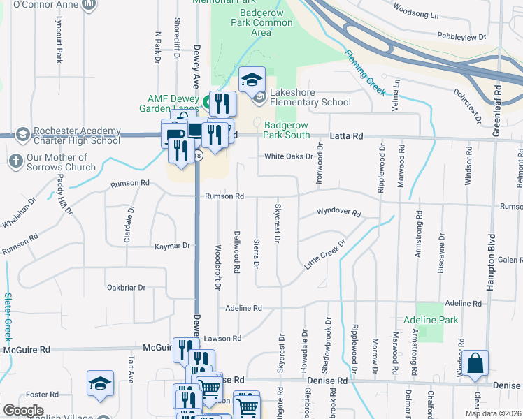 map of restaurants, bars, coffee shops, grocery stores, and more near 188 Sierra Drive in Rochester