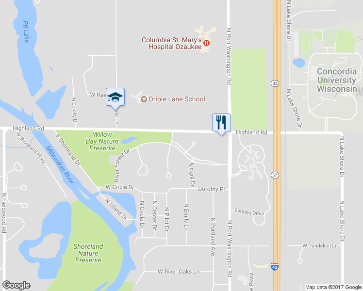 map of restaurants, bars, coffee shops, grocery stores, and more near 1532 River Forest Drive in Mequon