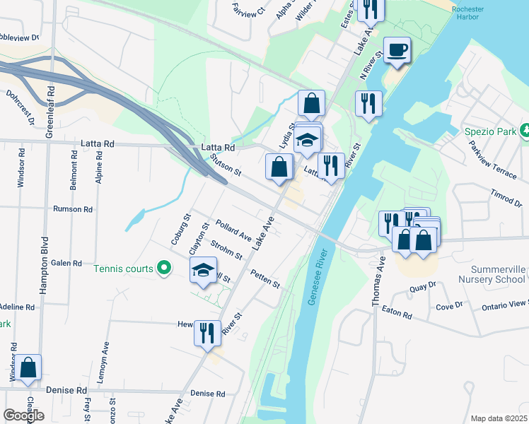 map of restaurants, bars, coffee shops, grocery stores, and more near 28 Upton Place in Rochester